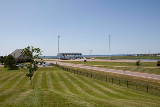 July 26, 2019- Borden Carleton, PEI: Looking at the toll plaza that marks the exit from Prince Edward Island onto the Confederation bridge 