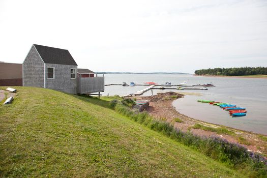 Breadalbane, PEI- July 27, 2019: Wharf with kayaks and small boat rentals in Prince Edward Island