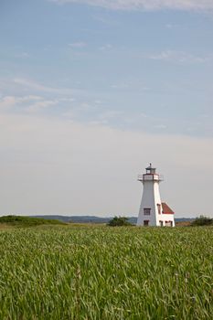 July 27, 2019 -French River, PEI - French River's iconic lighthouse near the ocean in PEI 