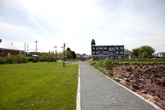 June 3, 2018- Wolfville, Nova Scotia: Looking at the recently constructed business and condo building "Railtown" on the waterfront in Wolfville