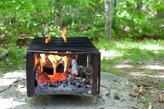  A camp site fire pit is lit, burning with glowing coals and ember on a sunny day 