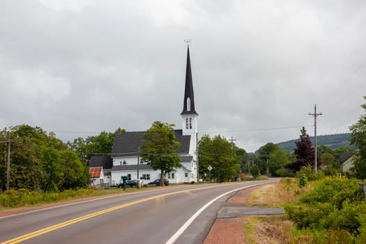 August 18, 2019 - Five Islands, Nova Scotia- The Peniel United community church on highway 2 with it's landmark steeple 