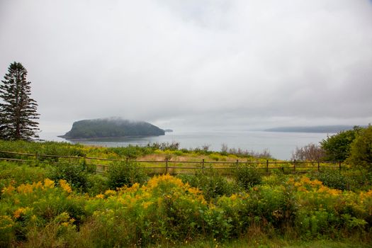  misty view of islands from five islands provincial park in nova scotia 