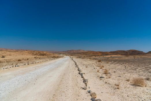 A view from the crater in the Ramon Crater. Arid desert view. White sands and a horizon of blue skies. Negev, Israel. High quality photo