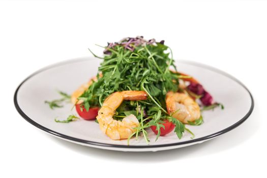 Close up of large modern elegant plate with fresh arugula,tomatoes and appetizing shrimps on white background. Concept of balanced diet for weight loss.