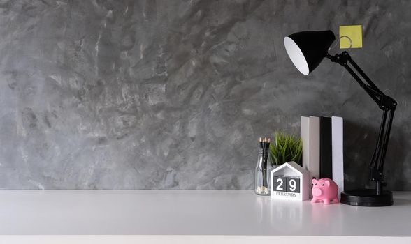 Workspace Mock up marble tabletop with pencils, smart calendar and book. copy space desk with copy space for products display montage
