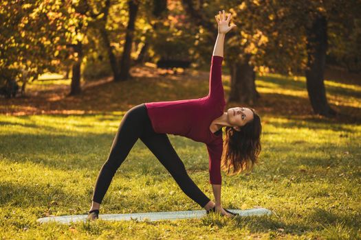 Beautiful woman doing yoga in the nature,Trikonasana/Triangle pose