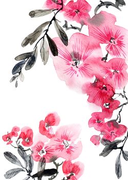 Watercolor illustration of blossom tree with pink flowers, buds and leaves. Oriental traditional painting in style sumi-e, u-sin and gohua. Vertical background for greeting card, invitation or cover.