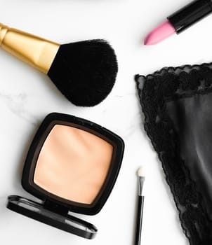 Make-up and cosmetics products on marble, flatlay background - modern feminine lifestyle, beauty blog and fashion inspiration concept