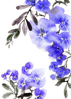 Watercolor illustration of blossom tree with blue flowers, buds and leaves. Oriental traditional painting in style sumi-e, u-sin and gohua. Vertical background for greeting card, invitation or cover.