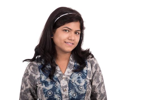 Portrait of beautiful young smiling girl on a white background.