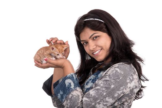 young attractive girl with cat on white background