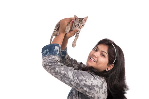 young attractive girl with cat on white background