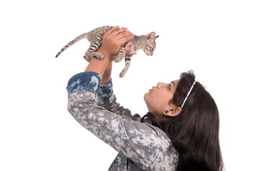 young attractive girl with cat on white background