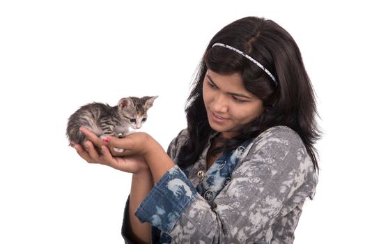 young attractive girl with cat on white background