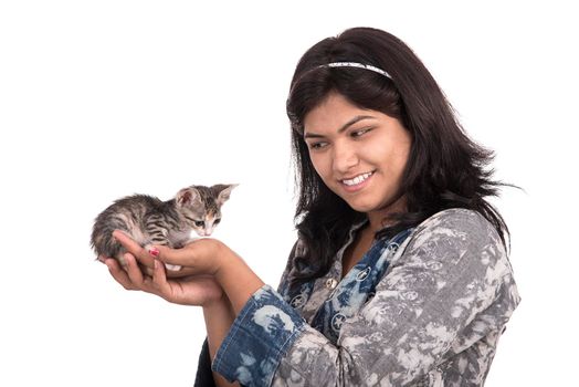 young attractive girl with cat on white background