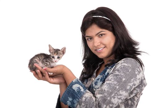 young attractive girl with cat on white background