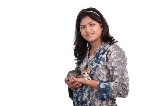 young attractive girl with cat on white background