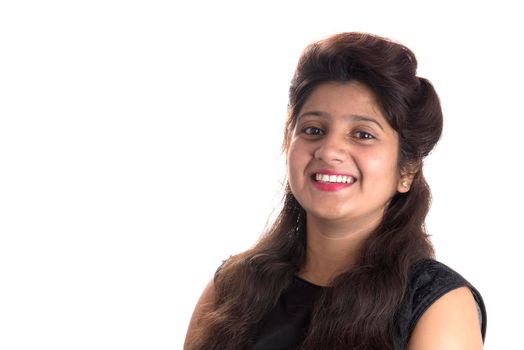 Portrait of beautiful young smiling girl on a white background.