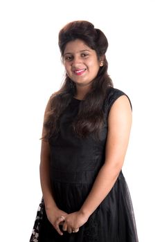 Portrait of beautiful young smiling girl on a white background.