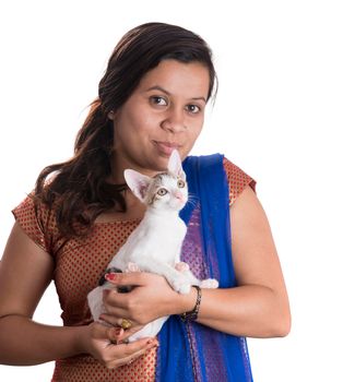 young attractive girl with cat on white background