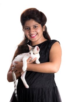 young attractive girl with cat on white background