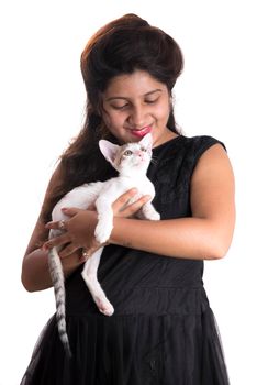 young attractive girl with cat on white background