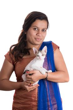 young attractive girl with cat on white background