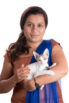 young attractive girl with cat on white background