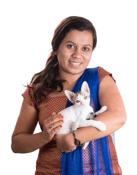 young attractive girl with cat on white background