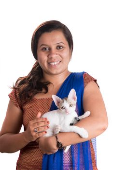 young attractive girl with cat on white background