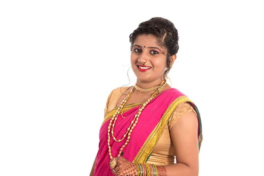 Close up of Beautiful Indian Traditional young girl in saree on white background