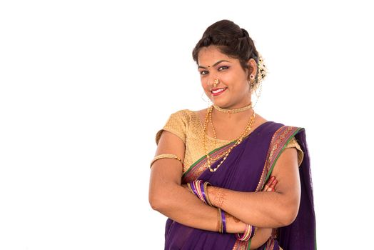 Close up of Beautiful Indian Traditional young girl in saree on white background