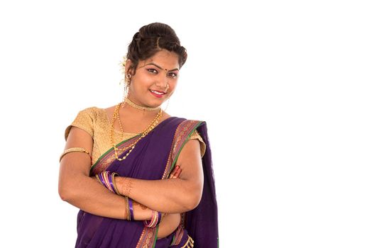 Close up of Beautiful Indian Traditional young girl in saree on white background