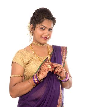 Close up of Beautiful Indian Traditional young girl in saree on white background