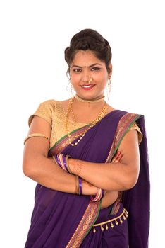 Close up of Beautiful Indian Traditional young girl in saree on white background