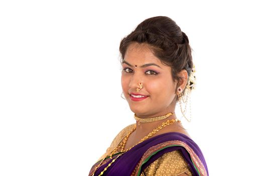 Close up of Beautiful Indian Traditional young girl in saree on white background