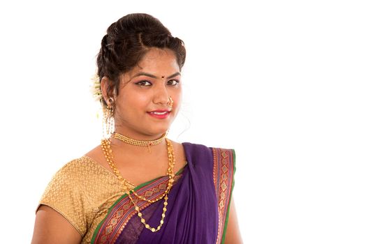 Close up of Beautiful Indian Traditional young girl in saree on white background