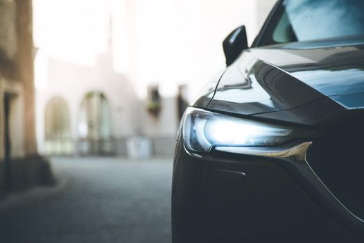 Close up of modern led car headlights, mobility