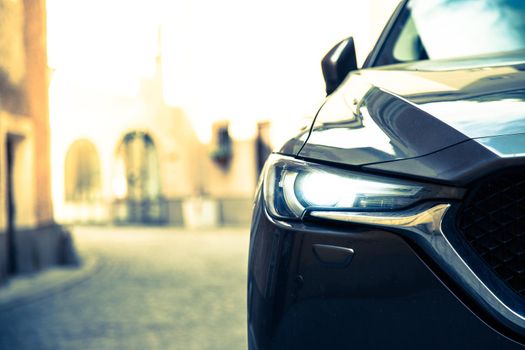 Close up of modern led car headlights, mobility