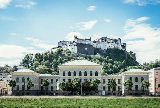 Idyllic panoramic city landscape of Salzburg in Summer