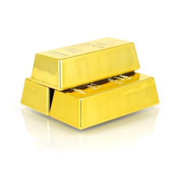 A stack of pure Gold bullion bars isolated over clean white with a small reflection in the surface.