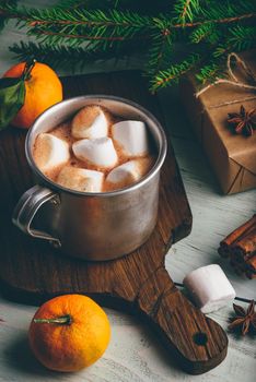 Rustic mug of hot chocolate with marshmallows