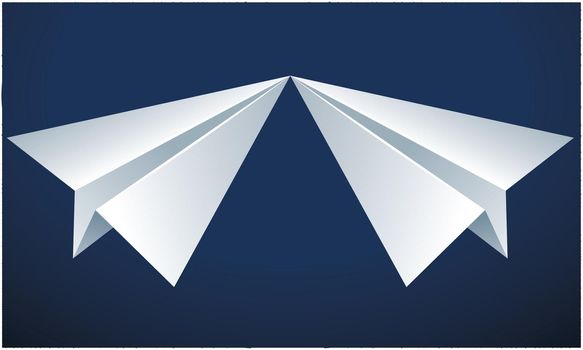 two paper planes touching nose on abstract blue background