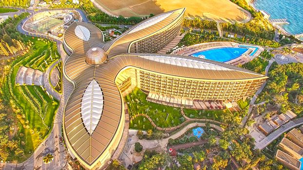 Yalta, Crimea-September 9, 2018: Aerial view of the modern health resort in the form of a Lotus flower on the beach.
