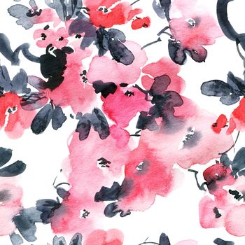 Watercolor and ink illustration of blossom sakura tree with pink flowers and leaves. Seamless pattern. Oriental traditional painting in style sumi-e, u-sin and gohua.