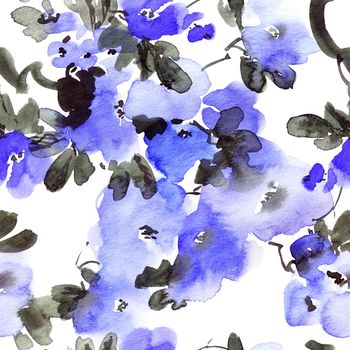 Watercolor and ink illustration of blossom tree with blue flowers and leaves. Oriental traditional painting in style sumi-e, u-sin and gohua. Seamless pattern.