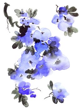 Watercolor and ink illustration of blossom tree with blue flowers and buds. Oriental traditional painting in style sumi-e, u-sin and gohua. Tree branch on white background.