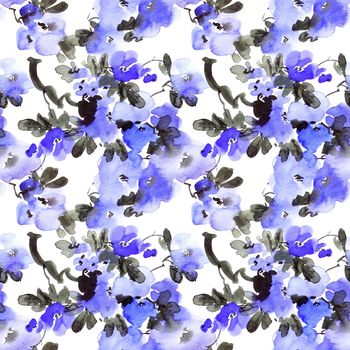 Watercolor and ink illustration of blossom tree with blue flowers and leaves. Oriental traditional painting in style sumi-e, u-sin and gohua. Seamless pattern.