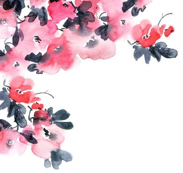 Watercolor illustration of blossom tree with pink flowers, buds and leaves. Oriental traditional painting in style sumi-e, u-sin and gohua. Background for greeting card, invitation or cover.